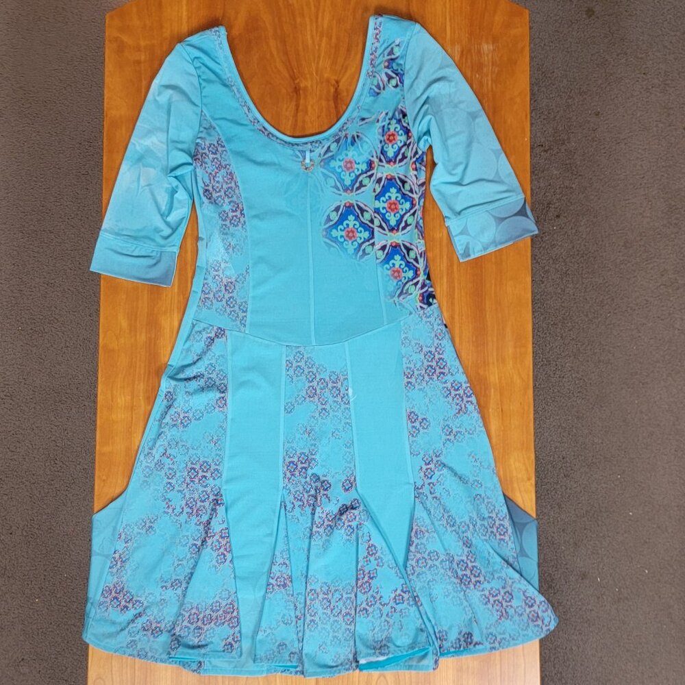 Save the Queen Teal Print 3/4 Sleeve Scoop Neck Dress - M - Picture 5 of 13